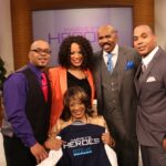 Regina Roberts, 62, of Murrieta will be featured Wednesday on the Steve Harvey Show in a segment called Harvey’s Heroes. Behind her are DeShae Bell, LyNea Bell, Steve Harvey and McClain Bell. Courtesy photo( / Courtesy photo)