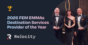 Relocity SVP of Sales, Ron Labin, accepted the award on behalf of the team in Houston. He was accompanied by fellow EMMA winners Ken Wade, Vialto Partners, and Rebecca Swaim, Indeed.